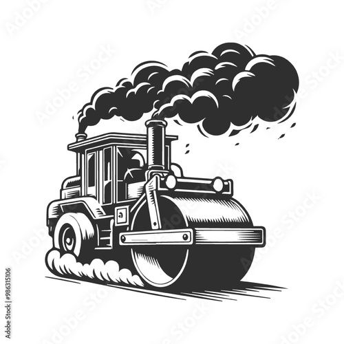 Monochrome style of color steamroller on white background. 