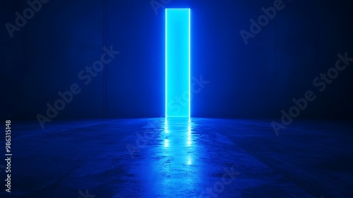 A glowing blue door stands open in a dark space, creating a mysterious and futuristic atmosphere.