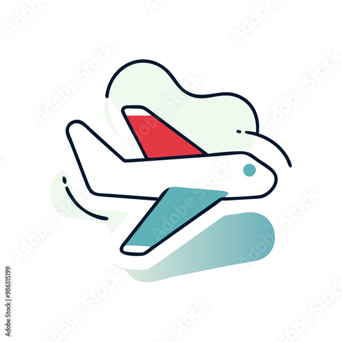 A stylized drawing of an airplane with a red wing and a blue tail. The airplane is flying through the sky and he is in motion. Concept of freedom and adventure
