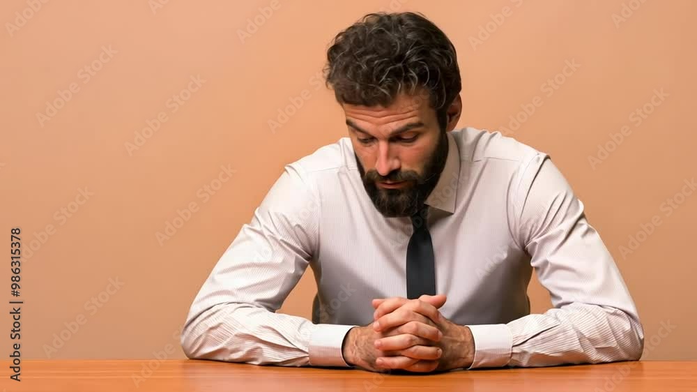 Focused Man in a Formal Shirt Sitting Quietly at a Wooden Table Generative AI Focused Man in a Formal Shirt Sitting Quietly at a Wooden Table Generative AI