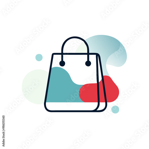 A bag with a red handle and blue and white stripes. The bag is being used as a symbol for shopping