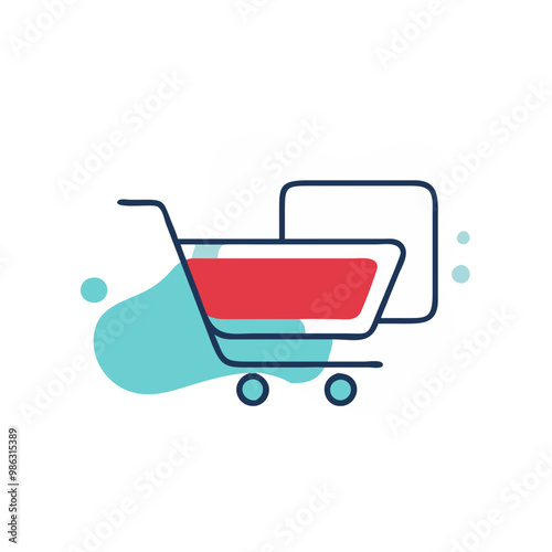 A shopping cart with a red box on top of it. The cart is blue and white