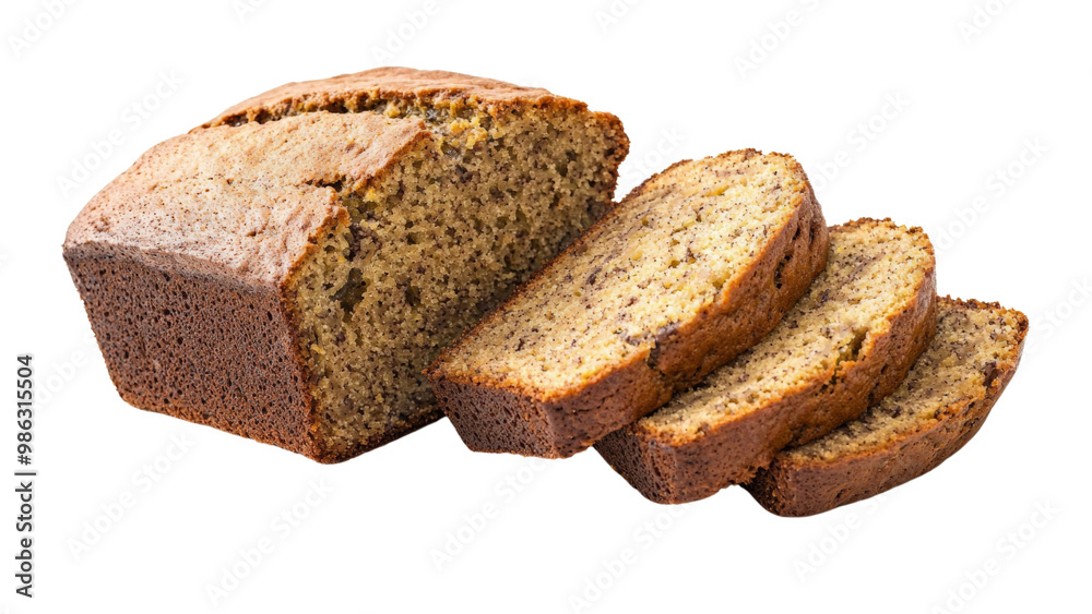 Sliced loaf of banana bread isolated on transparent background, PNG file, moist and delicious Sliced loaf of banana bread isolated on transparent background, PNG file, moist and delicious
