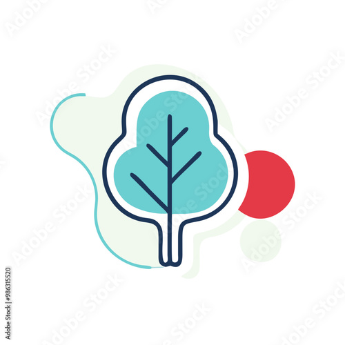 A tree with green leaves and blue stems. The tree is surrounded by a red circle. Concept of growth and life, as the tree represents nature and the circle symbolizes unity and completeness