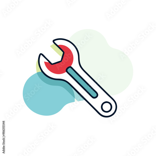 A wrench is shown in a blue and green color scheme. The wrench is red and white. The wrench is a tool used for tightening and loosening nuts and bolts