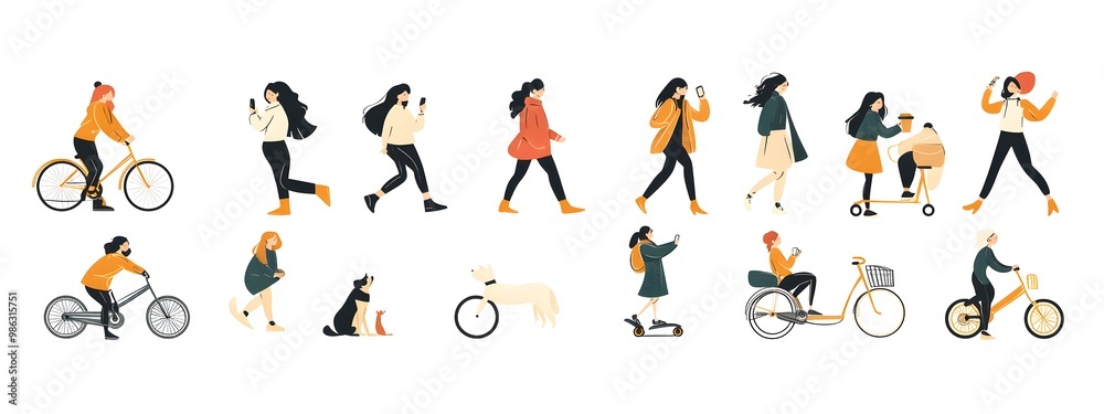 Vector illustration of people in different poses, riding bicycles and walking dogs on a white background, with a flat design, minimalist style, simple shapes, and a vector art style.