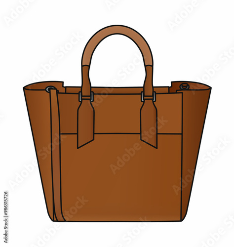 Woman Leather Totebag, Large Brown Bucket Bag, Bags Design Isolated In White Background, Realistic Fashion Vector