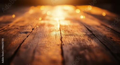 Wooden table glows under sunset light in peaceful outdoor setting surrounded ...
