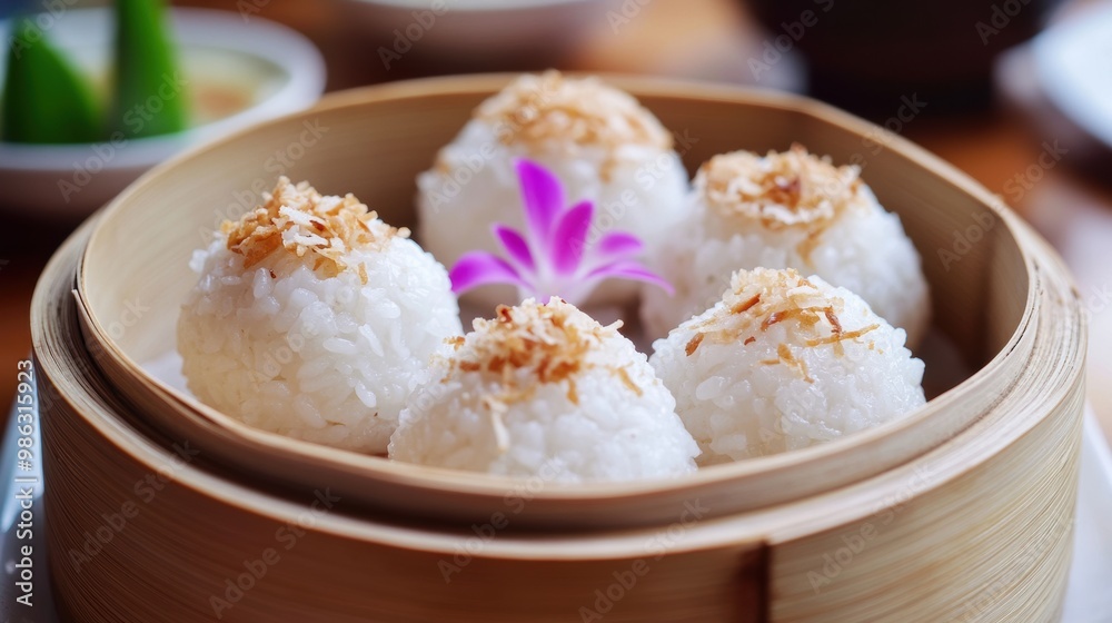 Rice ball with coconut flake in steamer Rice ball with coconut flake in steamer