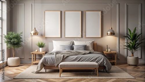 Interior poster mock up with vertical frames on the wall in a cozy bedroom setting