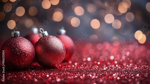 Sparkling red Christmas ornaments on glittering surface with bokeh lights in ...
