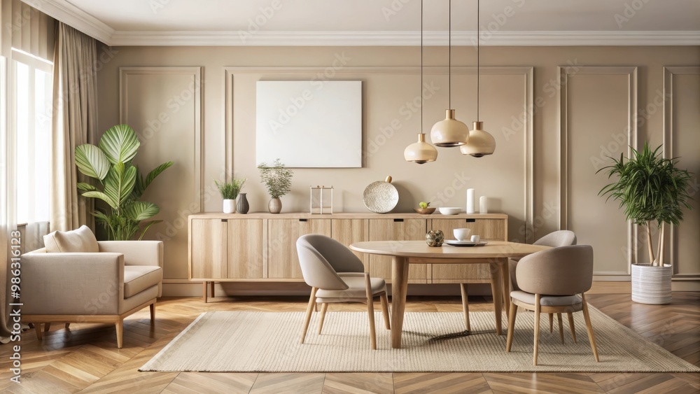 Beige living room interior with elegant sideboard and dining table mockup frame Beige living room interior with elegant sideboard and dining table mockup frame