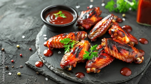 Hot and spicy BBQ chicken wings with dipping sauce on black slate plate, garnished with herbs