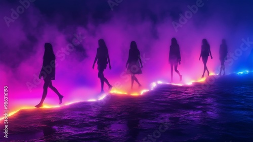 Three silhouettes walking through colorful fog at dawn, creating a mystic atm...