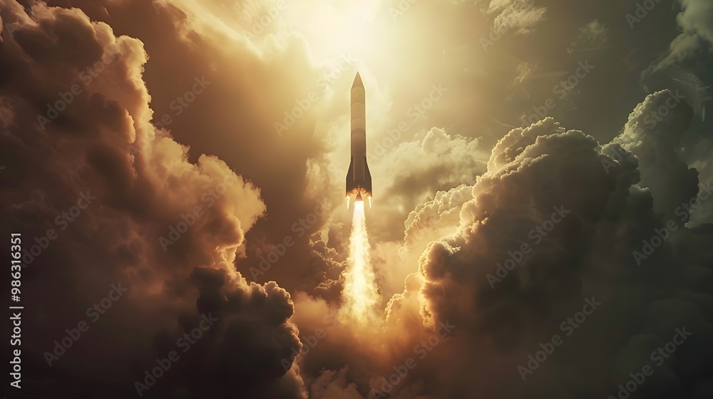 Obraz premium A rocket ascending through the clouds with sunlight illuminating its path. 