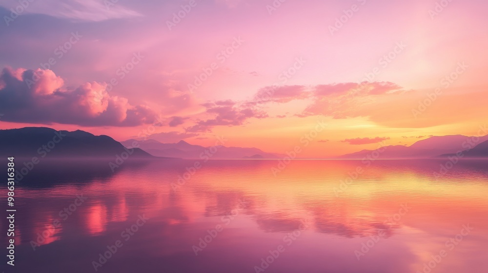 Fototapeta premium Beautiful sunset sky with pastel pink, orange, and purple tones above a calm lake