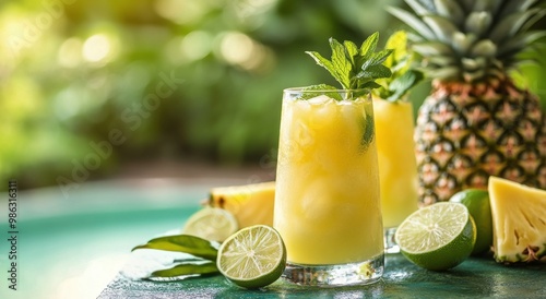 Refreshing tropical drinks with pineapple and mint garnished in a lush green ...