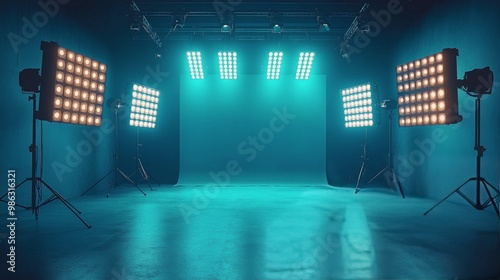 Professional lighting setup in a studio with blue backdrop and soft illuminat...