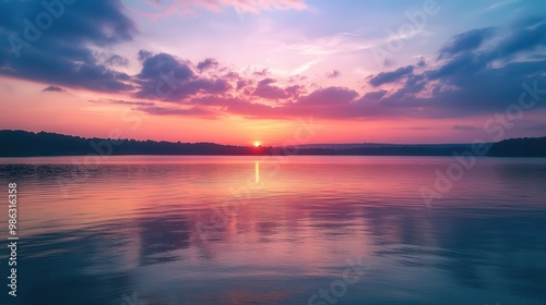 Beautiful sunset sky with pastel pink, orange, and purple tones above a calm lake