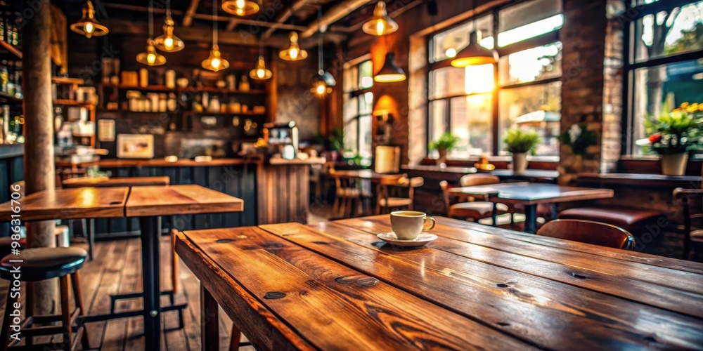 Cozy coffee shop ambiance with rustic empty wooden table Cozy coffee shop ambiance with rustic empty wooden table