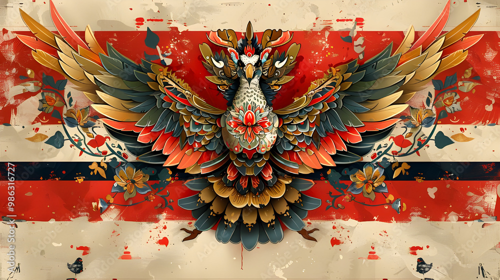 Naklejka premium A vibrant, mythical bird with intricate patterns and a crown, set against a background of red stripes and splatters