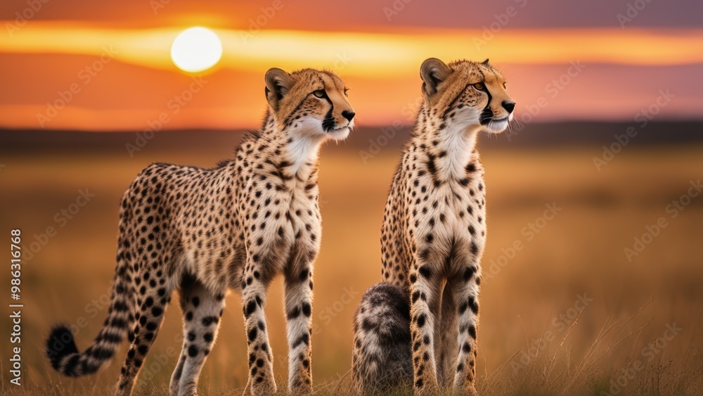 Two cheetahs stand on grassy savanna one facing camera with tail up against a warm sunset sky. Two cheetahs stand on grassy savanna one facing camera with tail up against a warm sunset sky.