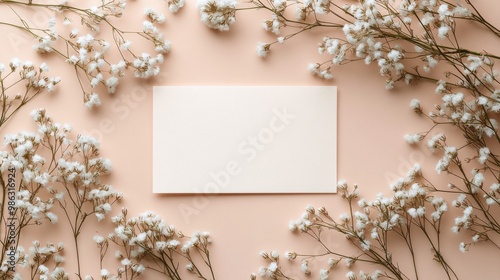 Elegant floral arrangement with empty card on soft pink background for creati...