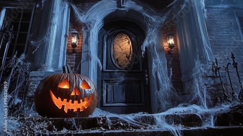 Decorative Halloween pumpkin glows on porch with cobwebs and eerie lighting a...