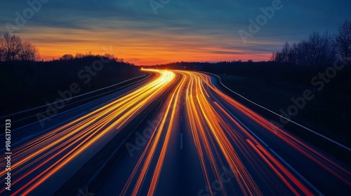 Evening traffic trails illuminate a winding highway under a vibrant sky at dusk