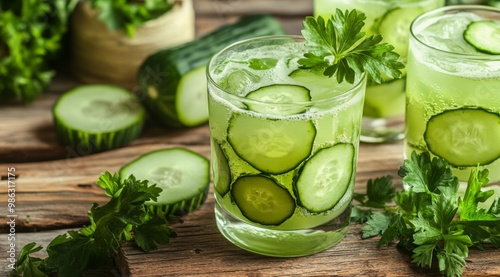 Refreshing cucumber and herb-infused drink in a glass on a wooden table with ...