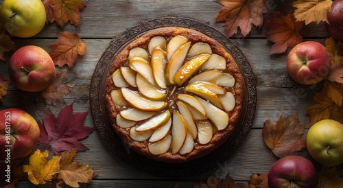 Freshly baked apple cake decorated with sliced apples and autumn leaves on a ...
