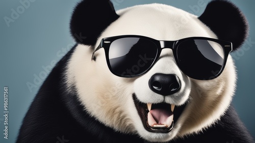 A smiling panda in dark blue surroundings wears trendy sunglasses. photo