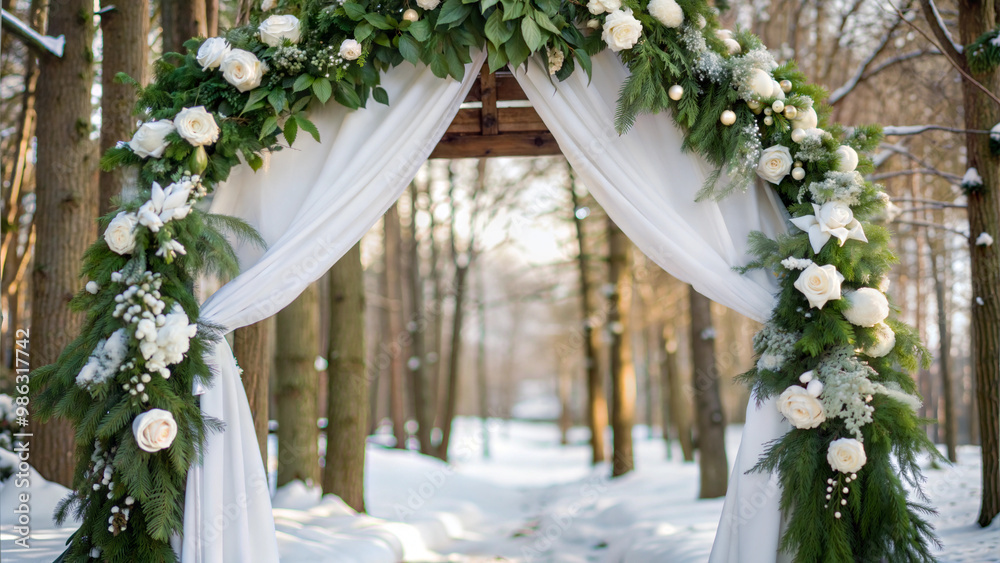 Winter wedding arch decorated with flowers and greenery in snowy outdoor ceremony venue Winter wedding arch decorated with flowers and greenery in snowy outdoor ceremony venue
