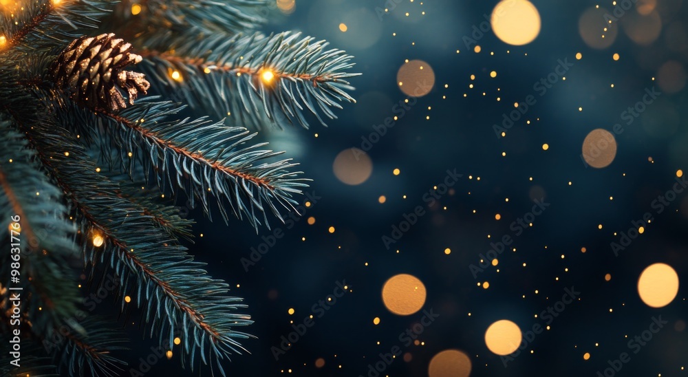 Festive pine branch adorned with warm lights and golden bokeh on a winter evening Festive pine branch adorned with warm lights and golden bokeh on a winter evening