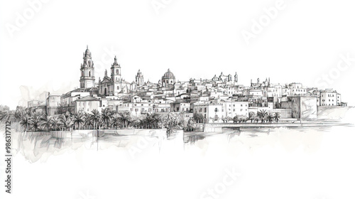 La Palma, Spain, black and white pen pencil hand-drawn effect drawing illustration for travel poster, card, wallpaper, backdrop or banner. Modern, clear, artistic and simple