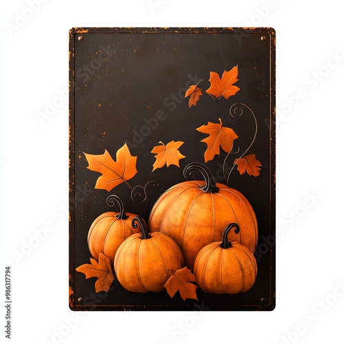 Autumn wreath with pumpkins and leaves on a dark wooden sign, white isolated background. photo