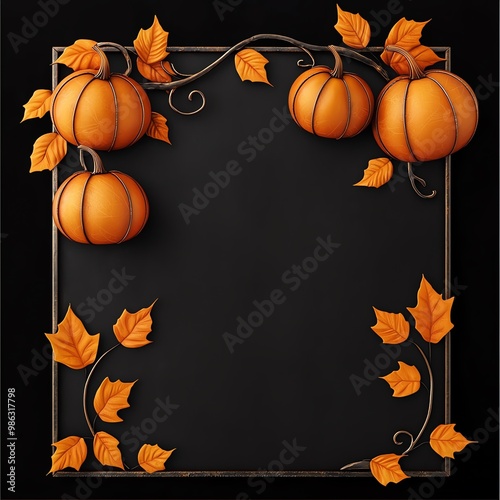 Autumn-themed frame with pumpkins and leaves, isolated on black background. photo