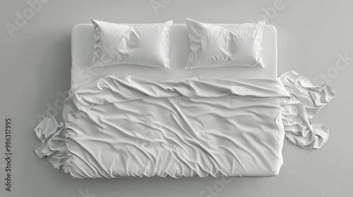 Cozy white bed with rumpled blankets and pillows in a minimalist bedroom setting