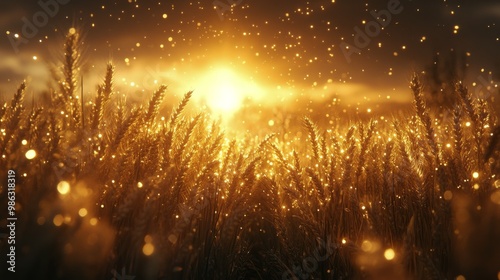 Golden wheat field swaying gently under the warm sunlight at sunset in rural ...
