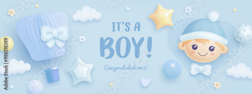 Baby shower banner, invitation, greeting card design template. Baby birth vector wallpaper with 3d hot air balloon. It's a boy. Welcome baby billboard. Arrival background