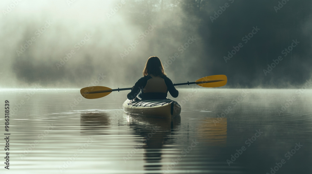 Fototapeta premium A woman kayaking in still lake water in a foggy morning with woods