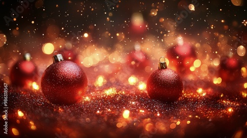 Sparkling red Christmas ornaments on glittering surface with bokeh lights in ...