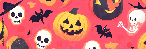 Fun Halloween pattern with cartoony pumpkins and skulls, pink background
