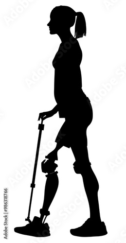 Woman wearing prosthesis and assistance cane. Black silhouette illustration. Disability concept