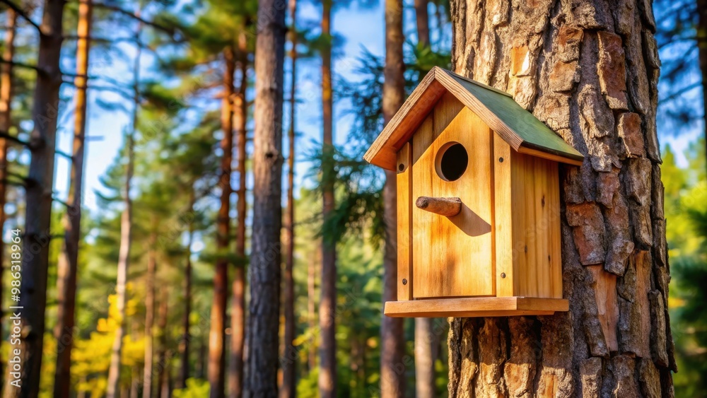 Wooden birdhouse mounted on a pine tree trunk Wooden birdhouse mounted on a pine tree trunk