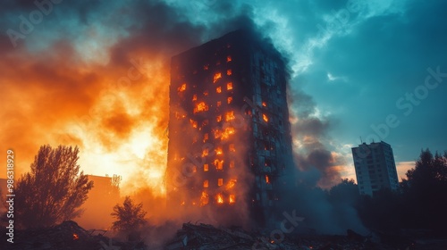 Fire engulfs high-rise building in urban area during overcast afternoon