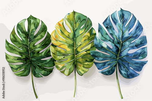 Multicolor mosntera huge leaves watercolor illustration