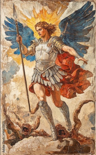 oil painting of michael the archangel, spear in his hand fighting against demons