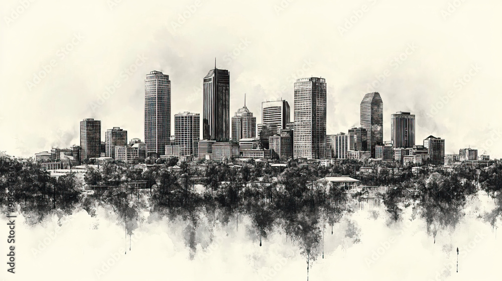 Obraz premium Lafayette, Louisiana, black and white pen pencil hand-drawn effect drawing illustration for travel poster, card, wallpaper, backdrop or banner. Modern, clear, artistic and simple