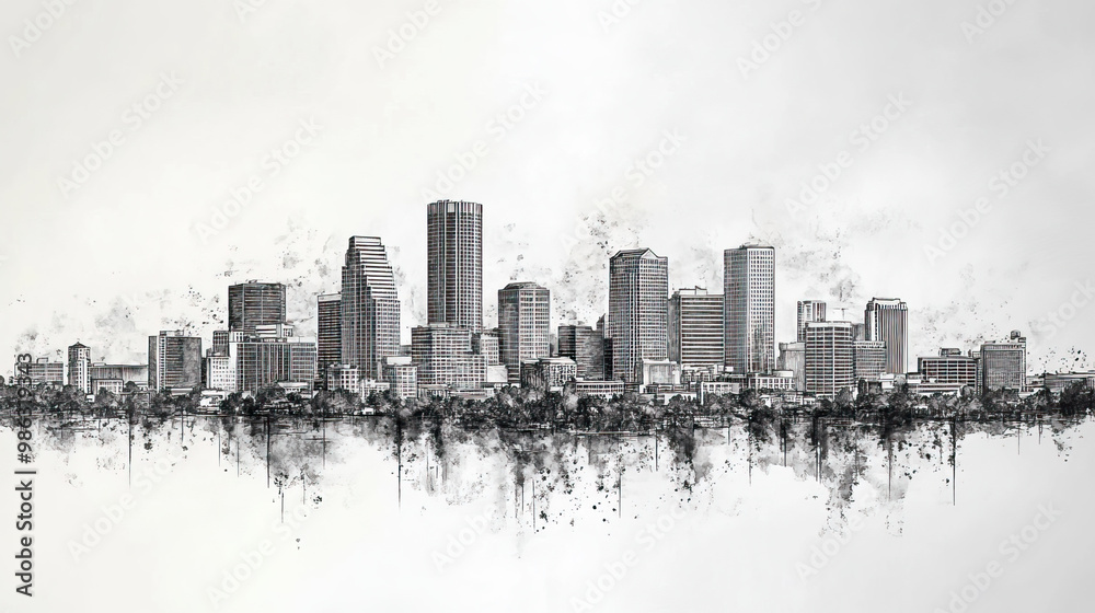 Obraz premium Lafayette, Louisiana, black and white pen pencil hand-drawn effect drawing illustration for travel poster, card, wallpaper, backdrop or banner. Modern, clear, artistic and simple